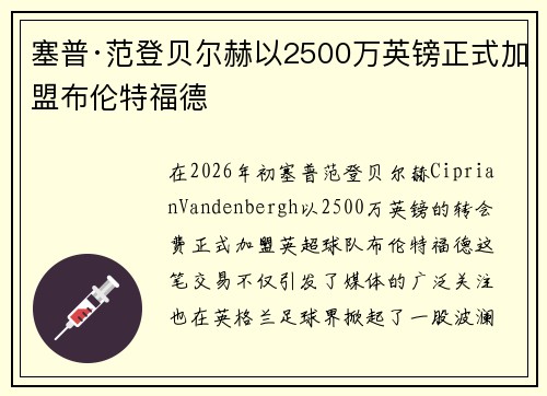 塞普·范登贝尔赫以2500万英镑正式加盟布伦特福德 塞普·范登贝尔赫以2500万英镑正式加盟布伦特福德